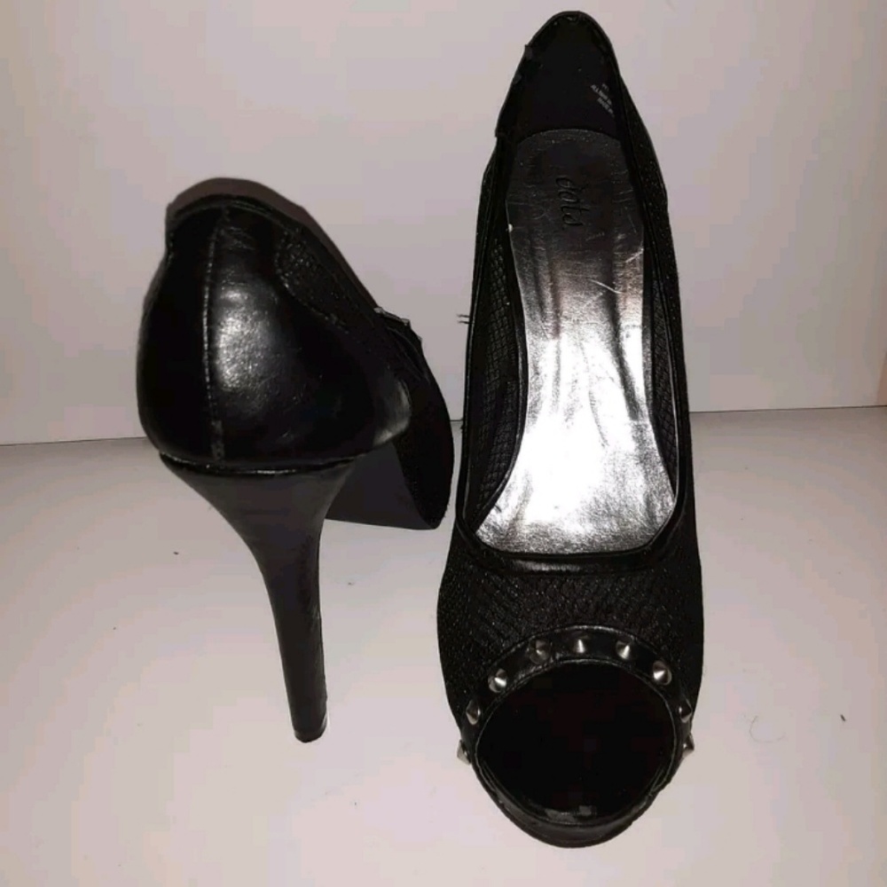 Dots Black Mesh w Vegan Leather Peep Toe Heels